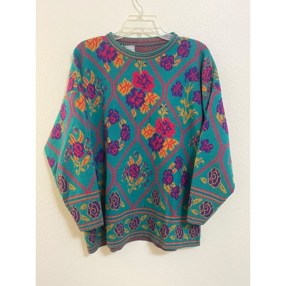 United States Sweaters Vintage 80s Floral Diamond Knit Pullover Teal Pink XL